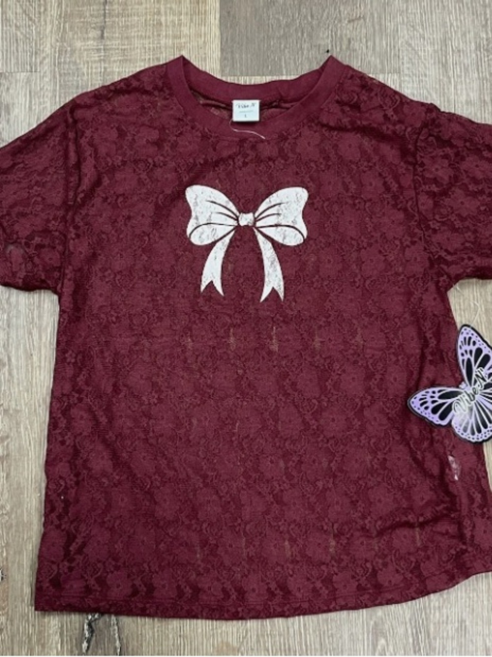 Girls' Lace Bow Tee in Wine prefect